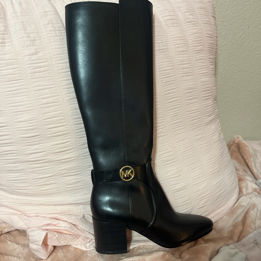 Michael Kors Black Heeled Boots with Gold Accent